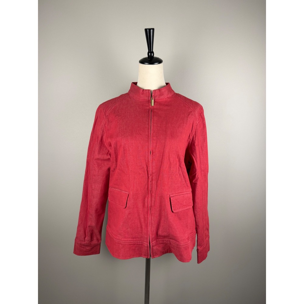 Susan Graver Style Zip Up Jacket Womens Large‎ Red Denim-Like Mock Neck
